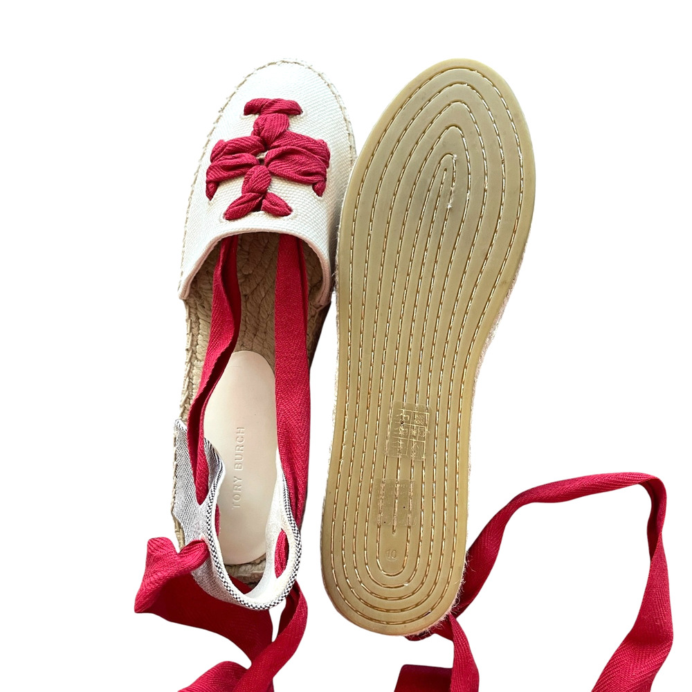 TORY BURCH Size 10 Woven Double T Espadrille Red Wrap-Around Tie Platform Flats - Picture 12 of 13